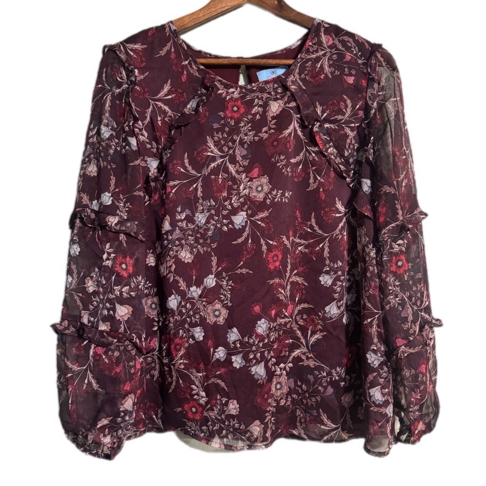 CeCe Floral Ruffle Blouse Womens Size Medium Burgundy Wine Excellent Chiffon Top